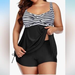 💜Black and White Striped Tankini swimsuit by Aqua eve with swim shorts plus size